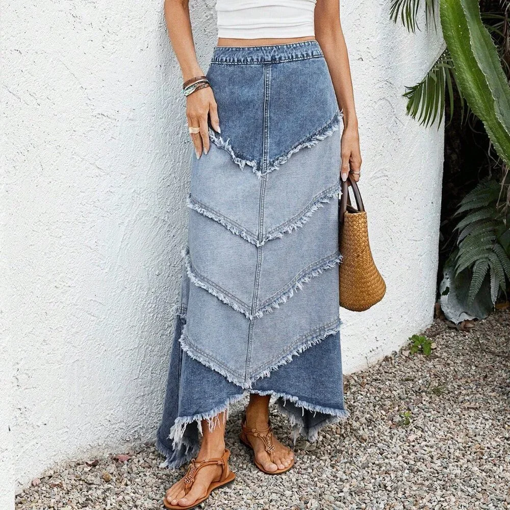 Medium Wash Boho Western Women's Casual Long Denim Skirt - Picture 1 of 4
